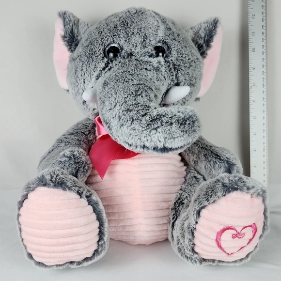 KELLYTOY GRAY & PINK STUFFED ANIMAL ELEPHANT 14" PLUSH w/HEART ON FOOT - Picture 1 of 10